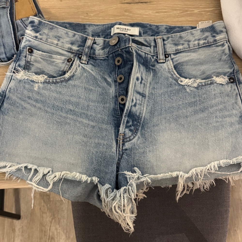 Moussy Blue Frayed Hem Denim Shorts